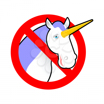 Ban unicorn. Stop magical animal. Prohibited sexual symbol LGBT community. Strikethrough magic beast with horn. Emblem against gay and lesbian people. Red prohibition sign
