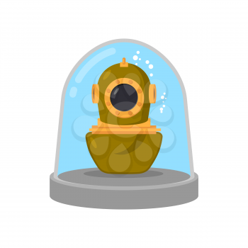 Ancient diving suit in Glass bell. Underwater suit in laboratory flask. Study research relics
