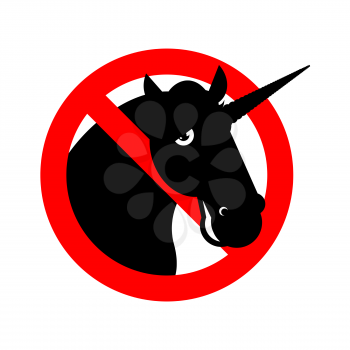 Ban unicorn. Stop magical animal. Prohibited sexual symbol LGBT community. Strikethrough magic beast with horn. Emblem against gay and lesbian people. Red prohibition sign
