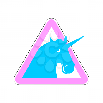 Warning sign of attention unicorn. Dangers of yellow sign with magic animal horn. LGBT character in red triangle. Set of road signs
