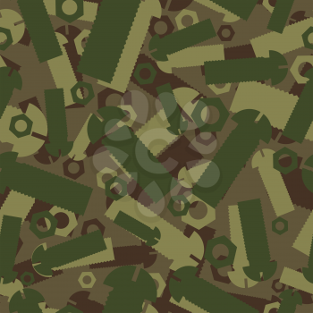 Army texture of nuts and bolts. Soldier green camouflage ornament. mechanic Khaki background. Military seamless pattern
