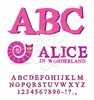 Alice in Wonderland font. Fairy ABC. mad Alphabet  Cheshire Cat. Set of letters. Magical beast with long striped tail
