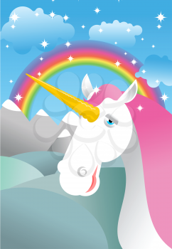 Unicorn on landscape. Rainbow, Fields and meadows. Clouds and sky. Magic animal in nature