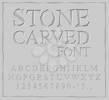 Stone Carved font. Alphabet on rock plate. Chips and scratches. Ancient ABC. Archaic letters
