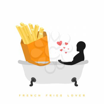 Lover french fries. I love food. Fastfood and man in bath. Man and meal is taking bath. Joint bathing. Passion feelings among lovers. Romantic illustration undershot
