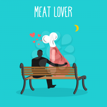 Meat lovers. Ham and people are looking at moon. Date night. Man and beef sit on bench. Month in night dark sky. Romantic illustration of jamon
