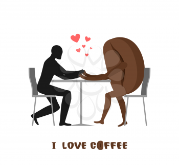 coffee lovers. Lover in cafe. Man and coffee beans sitting at table. Food in restaurant. Romantic date in public place. Romantic illustration food
