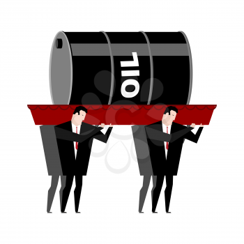 Funeral oil. Barrel of oil carried in coffin. Businessmen buried petroleum. Red wooden casket. Procession to cemetery. Grief illustration. Falling  petrol rate