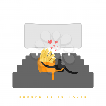 Lover french fries. Fastfood in cinema. Man and meal in cinema hall. Places for kisses on last row. Food Lovers watching movie. Romantic illustration feed
