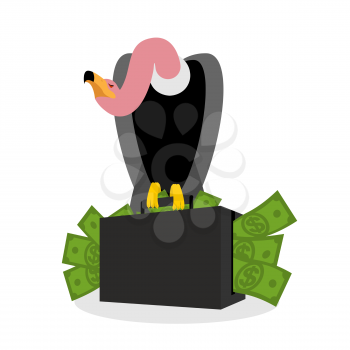 Vulture sitting on suitcase of money. Griffon and lot of cash. Carrion Bird and case with dollars
