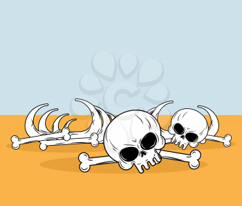 Skeleton in desert. Skull and bones lying on yellow sand. Dead desert landscape

