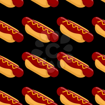 Hot dog isometric seamless patern. Fast food 3D on black background. Ornament of food. Texture of bun and sausage, mustard
