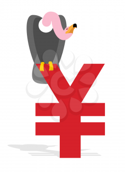 Vulture and Chinese Yen. Grief and sign of money in China. Scavenger birds of prey and national currency in China. Business illustration