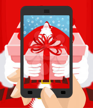 Xmas Photo Santa Claus to give gift. Christmas Photographing smartphone. Santas gloves and box with bow. Illustration for new year. 
