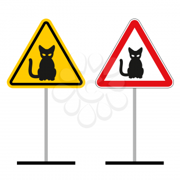 Warning sign attention cats. Hazard yellow sign a pet. Cat on a red triangle. set of Road signs
