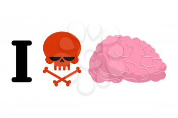 I hate to think. Skull symbol of hatred and brain. Logo for bullies. Aversion to reflect
