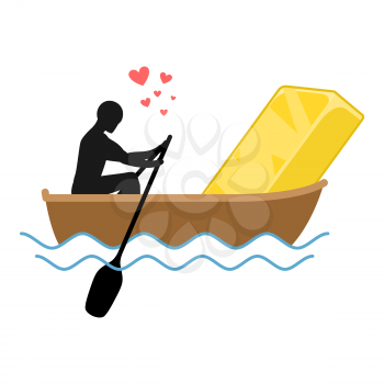 Lover gold. Man and Golden bullion and ride in boat. Lovers of sailing. Man rolls wealth of gondola. Rendezvous in boat on pond. Romantic illustration
