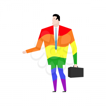 businessman is gay. Rainbow clothes. LGBT manager with case