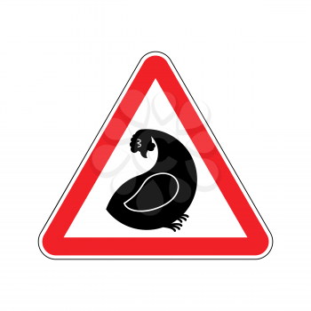 Attention hen. Dangers of red road sign. Chicken farm Caution
