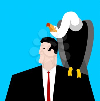 vulture and businessman. neophron sitting on man shoulder

