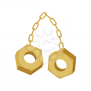 Gold Nuts on chain isolated. Two screw-nut hang
