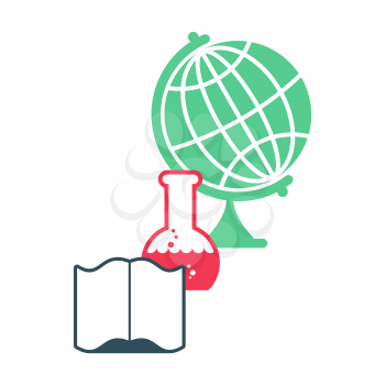 Science logo. Emblem for scientific laboratory. flask and globe. Open book. college sign

