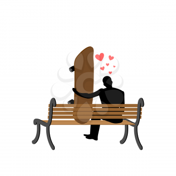Lover skateboarding. Guy and Skateboard sitting on bench. Romantic date. Love extreme sports
