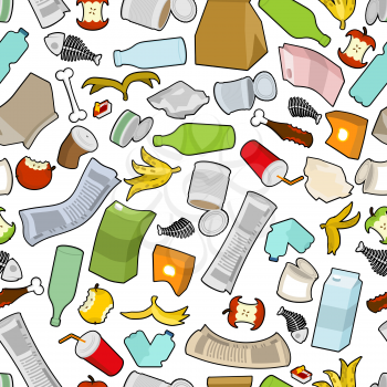 Garbage texture. Rubbish seamless pattern. trash ornament. litter background. peel from banana and stub. Tin and old newspaper. Bone and packaging. Crumpled paper and plastic bottle