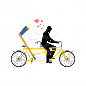 Lover hockey. hockey-stick on bicycle. Lovers of cycling. Man rolls tandem bike. Joint walk on street. Romantic date.
