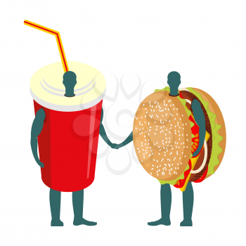Fast food friends. Drink and hamburger. beverage  in red cup and burger to hold hands

