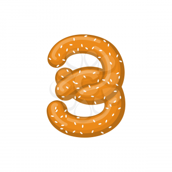 Number3 pretzel. snack font three symbol. Food alphabet sign. Traditional German meal is ABC. Bake numeric
