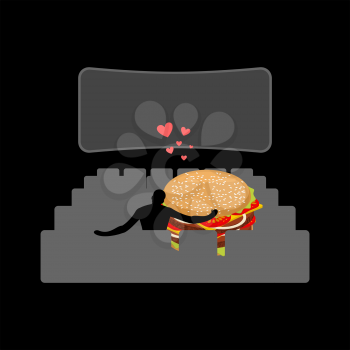 lover fast food. Man and hamburger in movie theater. Guy and Burger. Lovers watching cinema. Romantic date fastfood. Glutton Lifestyle