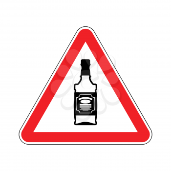 Attention alcohol. Bottle of whiskey on red triangle. Road sign Caution alcoholic
