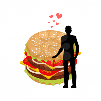 lover fast food. Man and hamburger embrace. Guy and Burger. Lovers Romantic date fastfood. Glutton Lifestyle