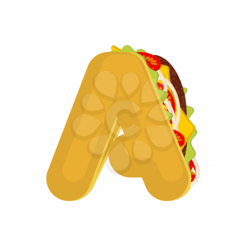 Letter A tacos. Mexican fast food font. Taco alphabet symbol. Mexico meal ABC