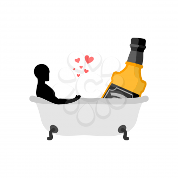 Lover alcohol drink. Man and bottle of whiskey in bath. Joint bathing. Romantic date. Alcoholic Lifestyle