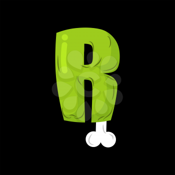 Letter R zombie font. Monster alphabet. Bones and brains lettering. Green Terrible ABC sign
