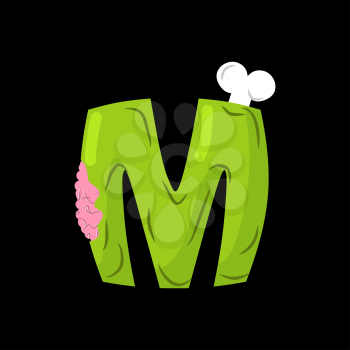 Letter M zombie font. Monster alphabet. Bones and brains lettering. Green Terrible ABC sign
