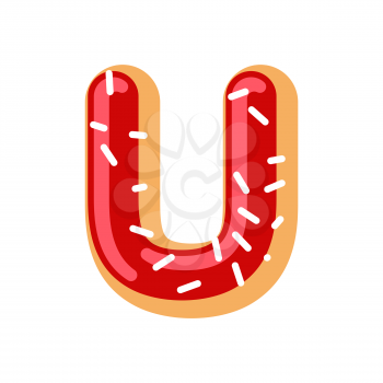 Letter U donut font. Doughnut alphabet. Sweet lettering. candy ABC sign
