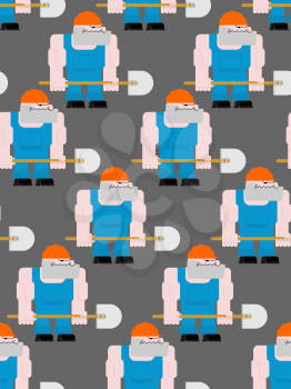 Worker with shovel seamless pattern. Road workman in helmet and overalls