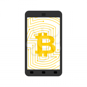Bitcoin in phone. Crypto currency and device. Virtual money. Vector Illustrator
