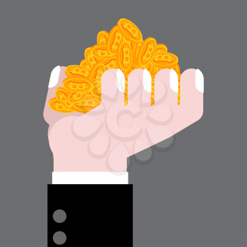 Hand is full bitcoin. Profit crypto currency. gain virtual money. Vector illustration
