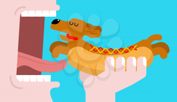 Eat Hot dog dachshund. Open mouth and teeth. Pet Animal Hotdog. Vector illustration