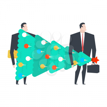 New Years corporate party. Businessman holding Christmas tree. Christmas in office. Vector illustration
