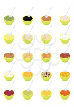 Bowl of porridge and spoon set. Rice and lentils. Red beans and peas. Corn and barley gritz. Millet and cuscus. Oat and buckwheat. Bulgur and wheat. Healthy food for breakfast. Vector illustration