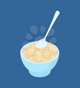 Bowl of Brown rice porridge and spoon isolated. Healthy food for breakfast. Vector illustration