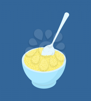 Bowl of Couscous porridge and spoon isolated. Healthy food for breakfast. Vector illustration