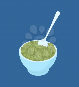 Bowl of Green Lentil Porridge and spoon isolated. Healthy food for breakfast. Vector illustration