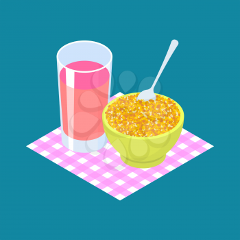 Corn Porridge and fruit juice. Breakfast Healthy food. Vector illustration
