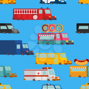 Car cartoon seamless pattern. Fire engine and police car. ambulance and taxi. Fast food truck. vector illustration